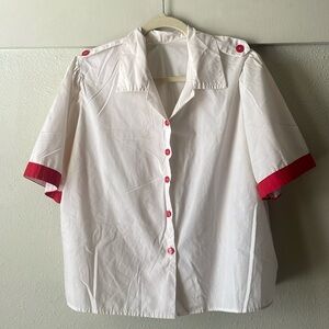 Vintage white red short sleeve button down blouse with red button detail